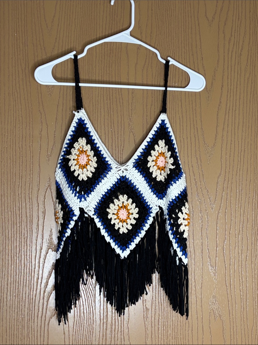 Handmade Crochet Fringe Tank Top in Black, White & Blue